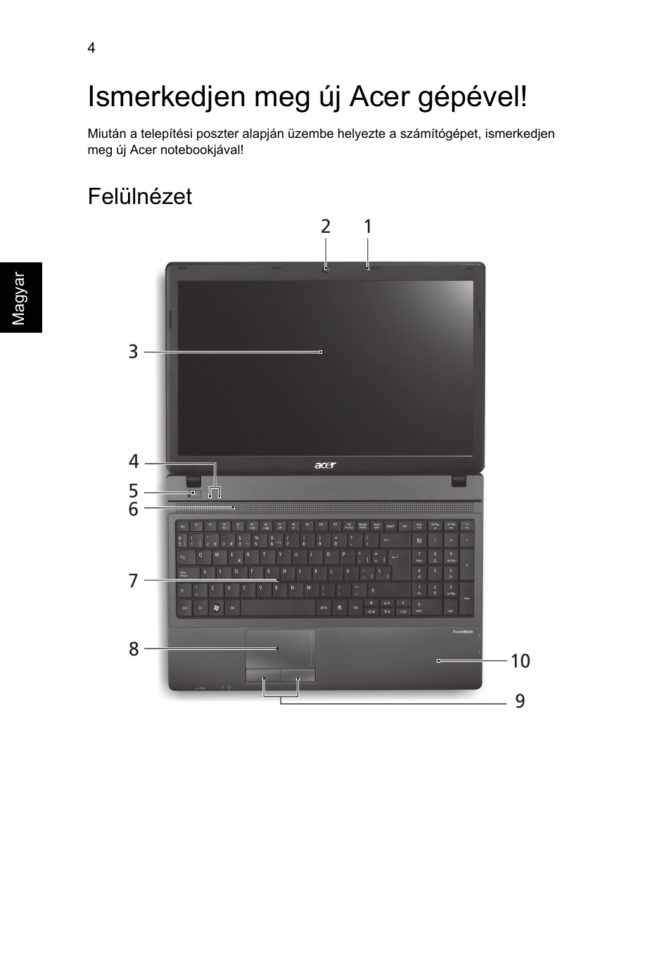 Ismerkedjen meg új acer gépével, Felülnézet | Acer TravelMate 5335 User Manual | Page 138 / 313