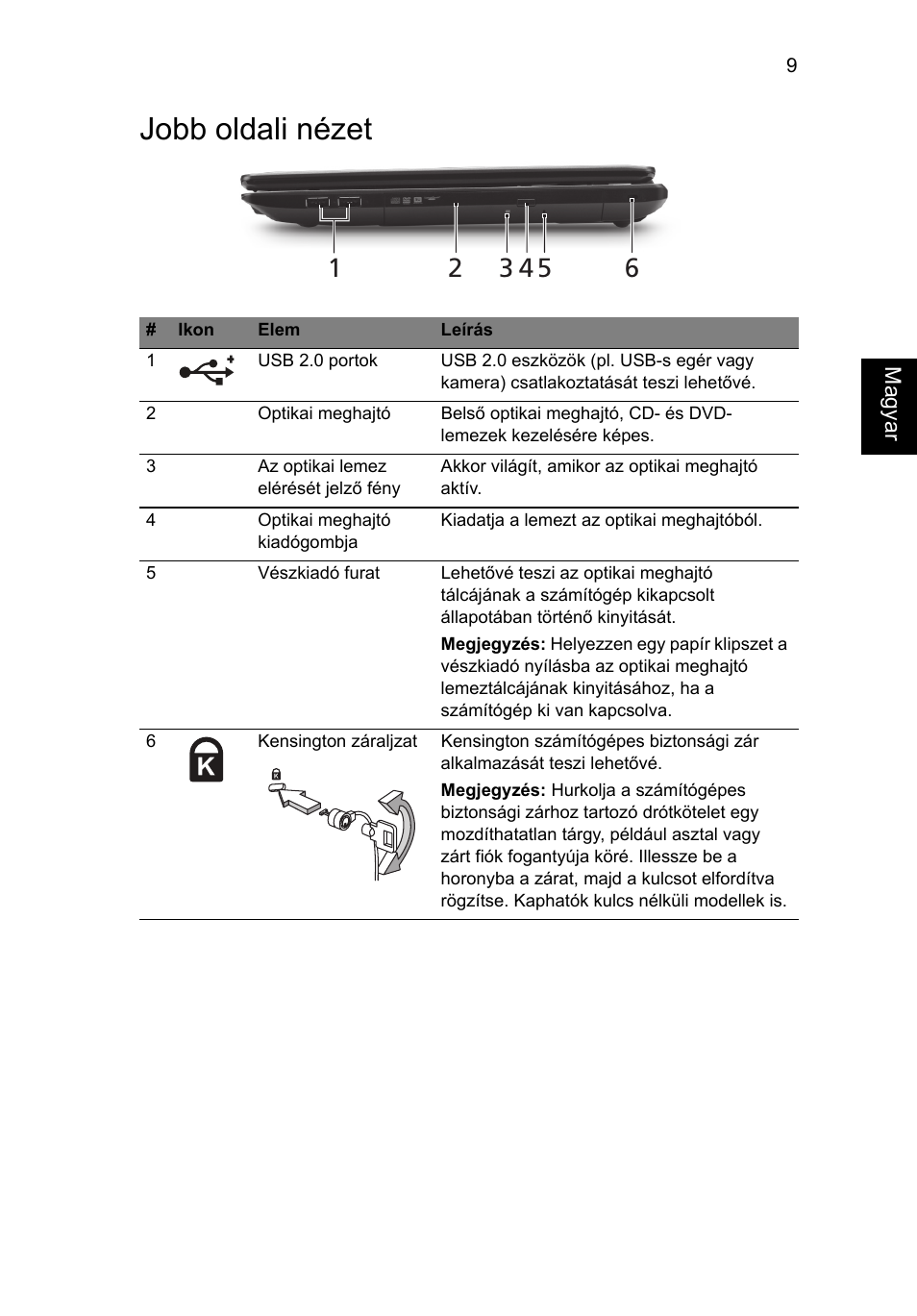 Jobb oldali nézet | Acer TravelMate 5335 User Manual | Page 143 / 313