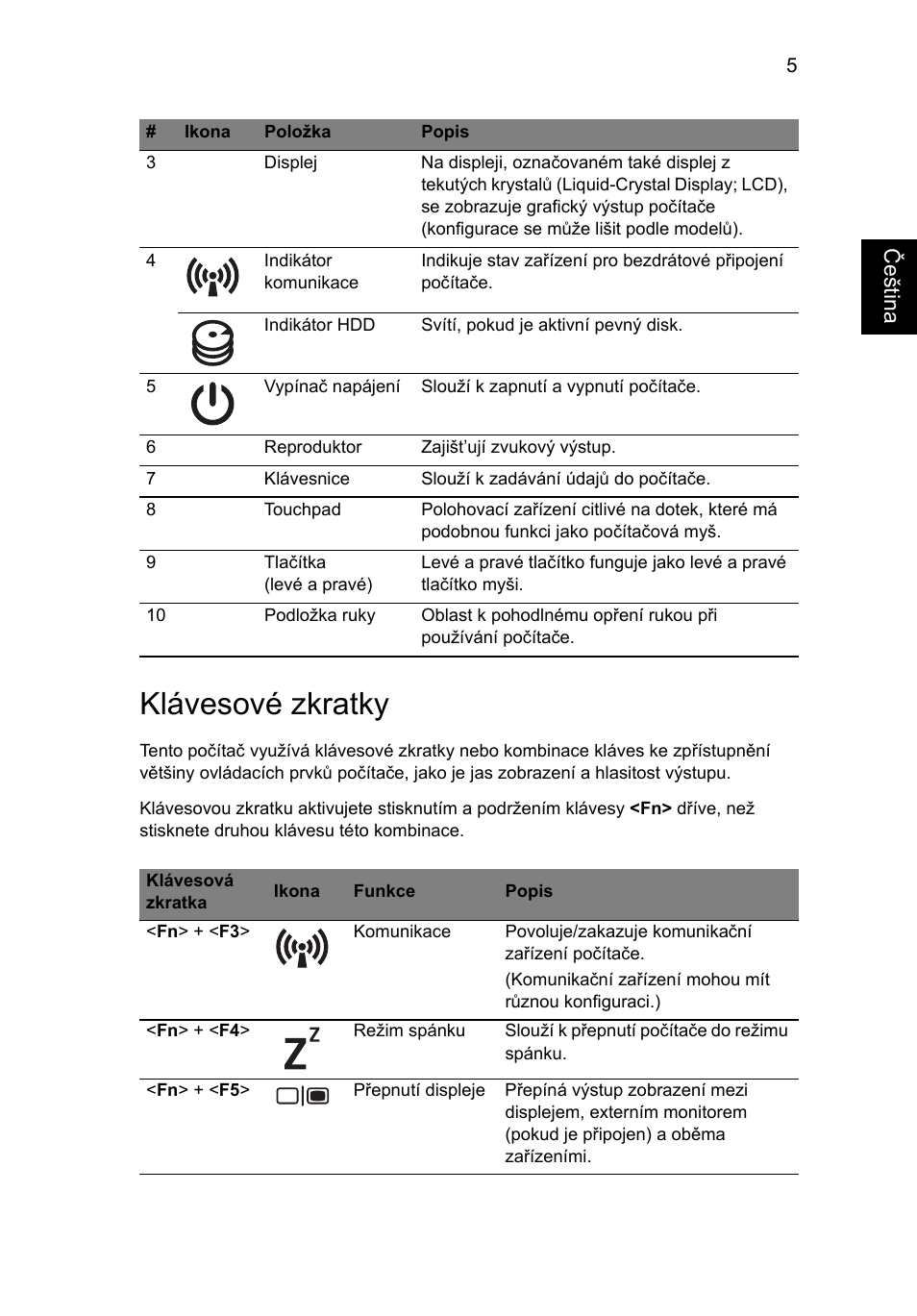 Klávesové zkratky, Češt ina | Acer TravelMate 5335 User Manual | Page 149 / 313