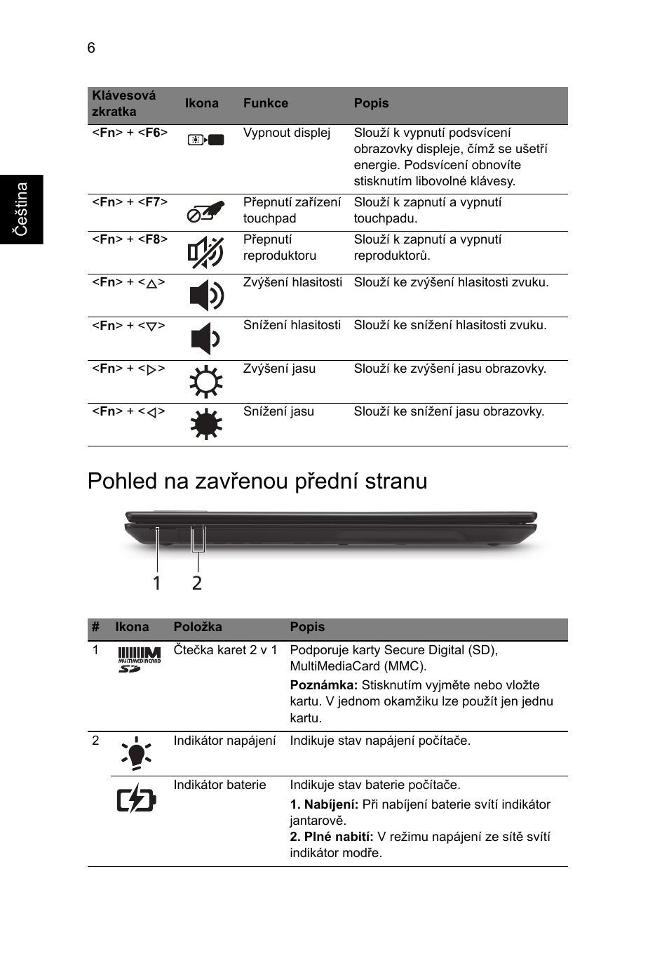 Pohled na zavřenou přední stranu | Acer TravelMate 5335 User Manual | Page 150 / 313