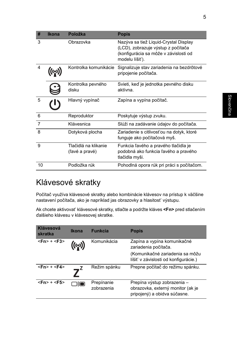 Klávesové skratky | Acer TravelMate 5335 User Manual | Page 159 / 313