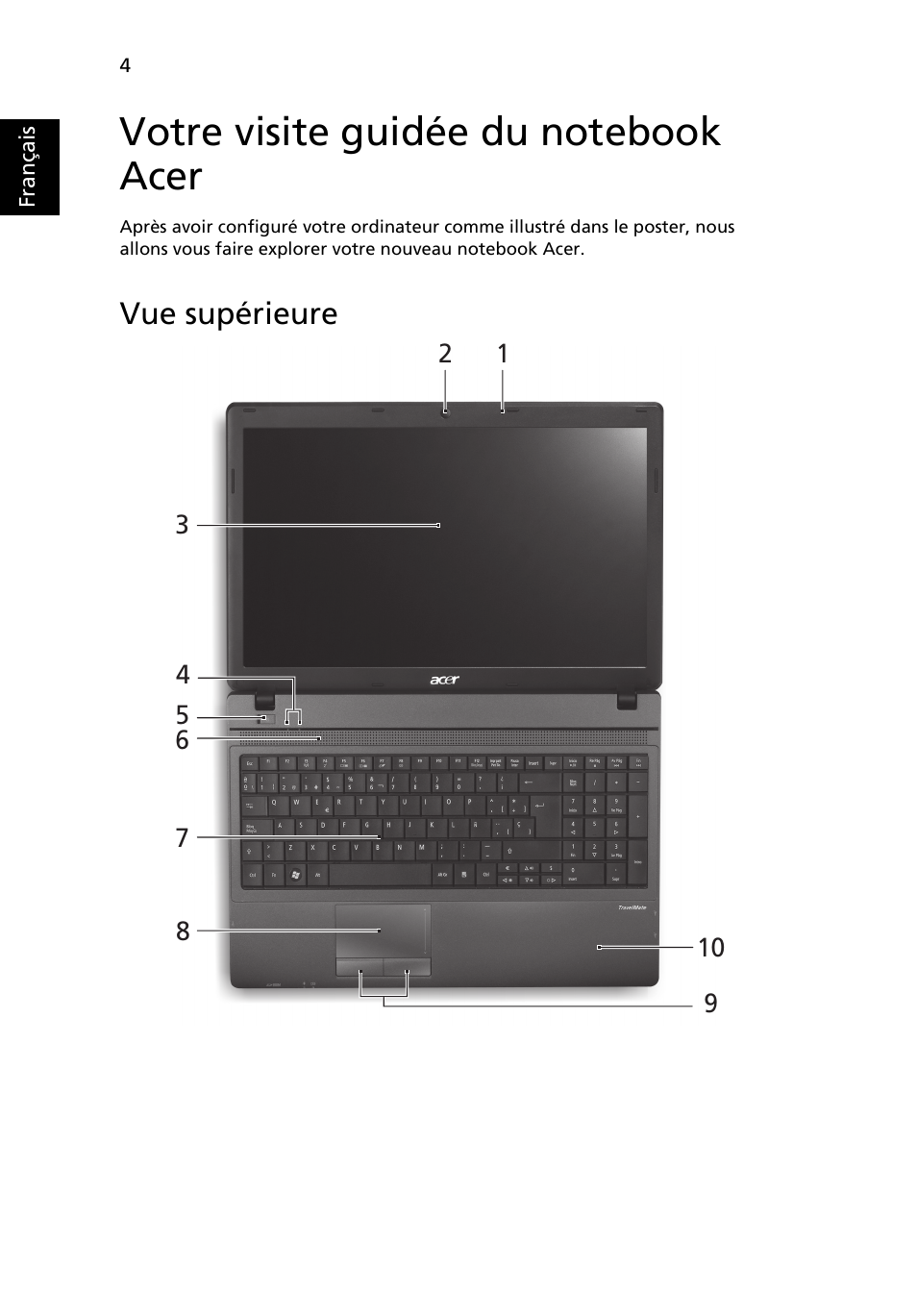 Votre visite guidée du notebook acer, Vue supérieure | Acer TravelMate 5335 User Manual | Page 16 / 313