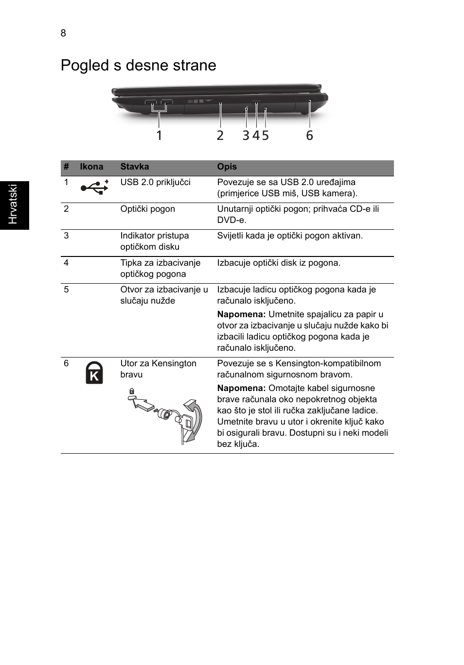 Pogled s desne strane | Acer TravelMate 5335 User Manual | Page 182 / 313