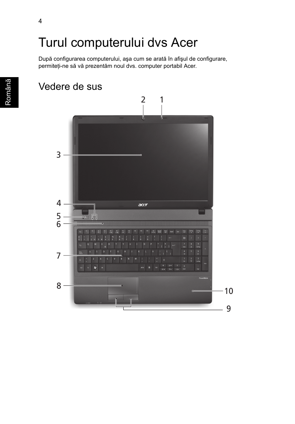 Turul computerului dvs acer, Vedere de sus | Acer TravelMate 5335 User Manual | Page 188 / 313