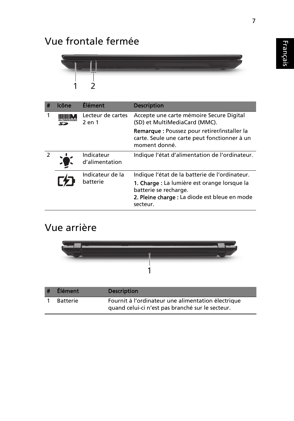 Vue frontale fermée, Vue arrière, Vue frontale fermée vue arrière | Français | Acer TravelMate 5335 User Manual | Page 19 / 313