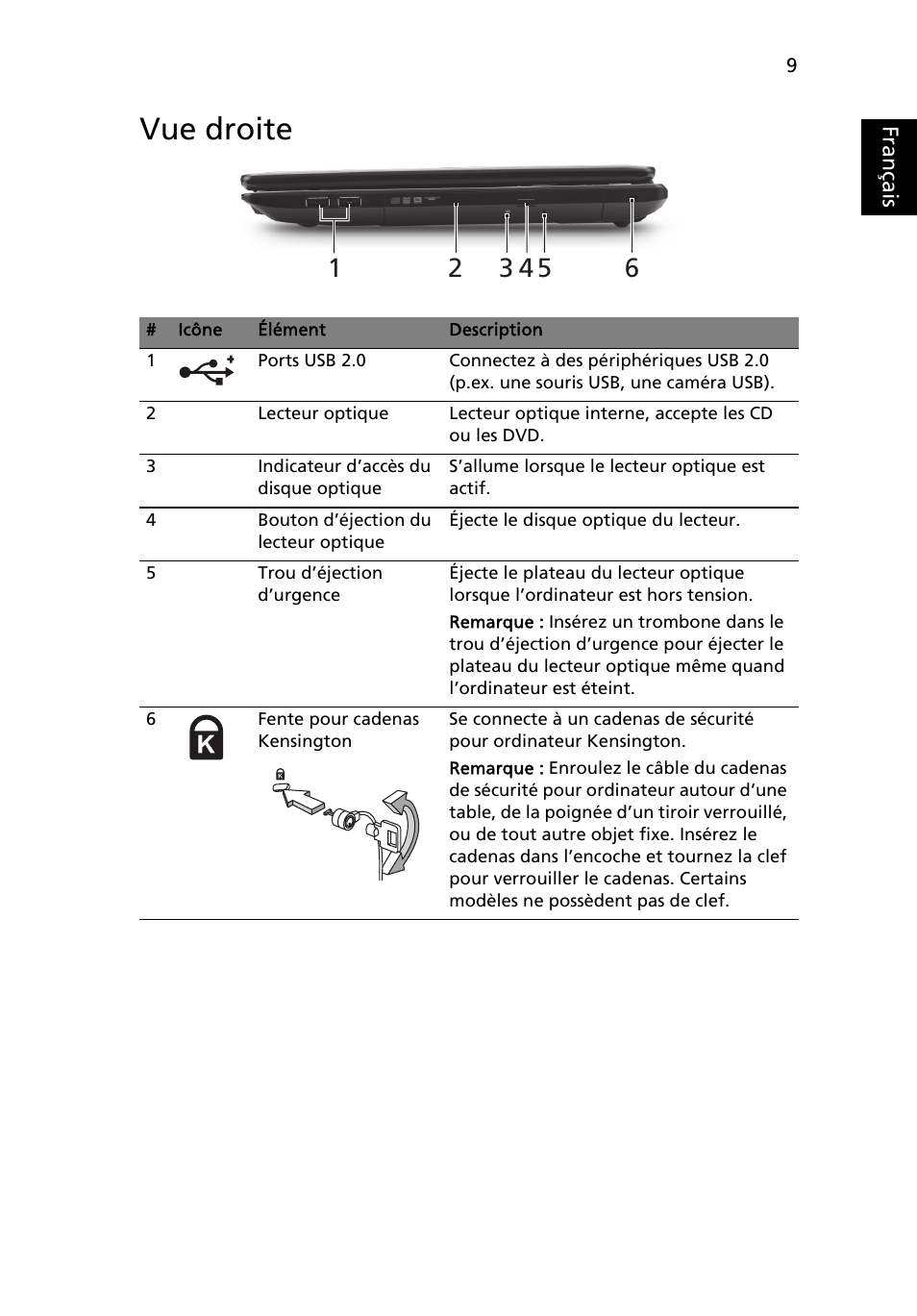 Vue droite, Français | Acer TravelMate 5335 User Manual | Page 21 / 313