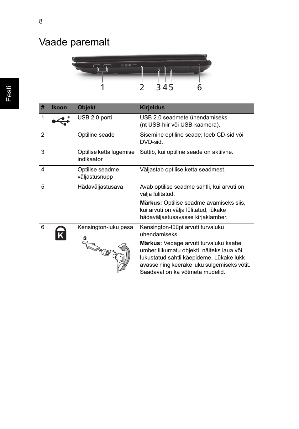 Vaade paremalt | Acer TravelMate 5335 User Manual | Page 212 / 313