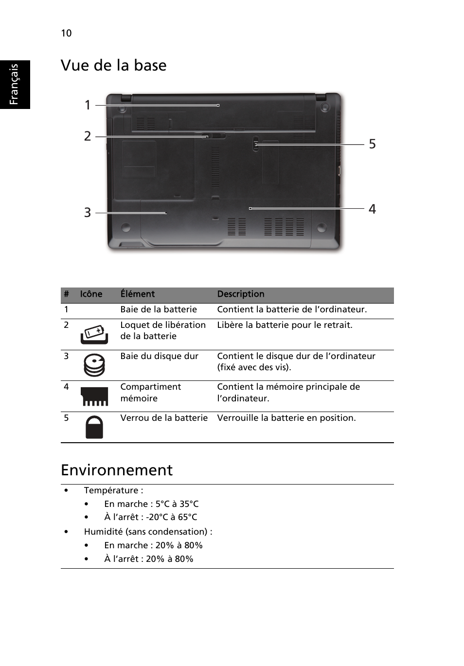 Vue de la base, Environnement, Vue de la base environnement | Acer TravelMate 5335 User Manual | Page 22 / 313