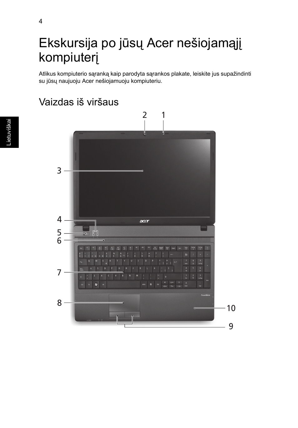 Ekskursija po jūsų acer nešiojamąjį kompiuterį, Vaizdas iš viršaus | Acer TravelMate 5335 User Manual | Page 228 / 313