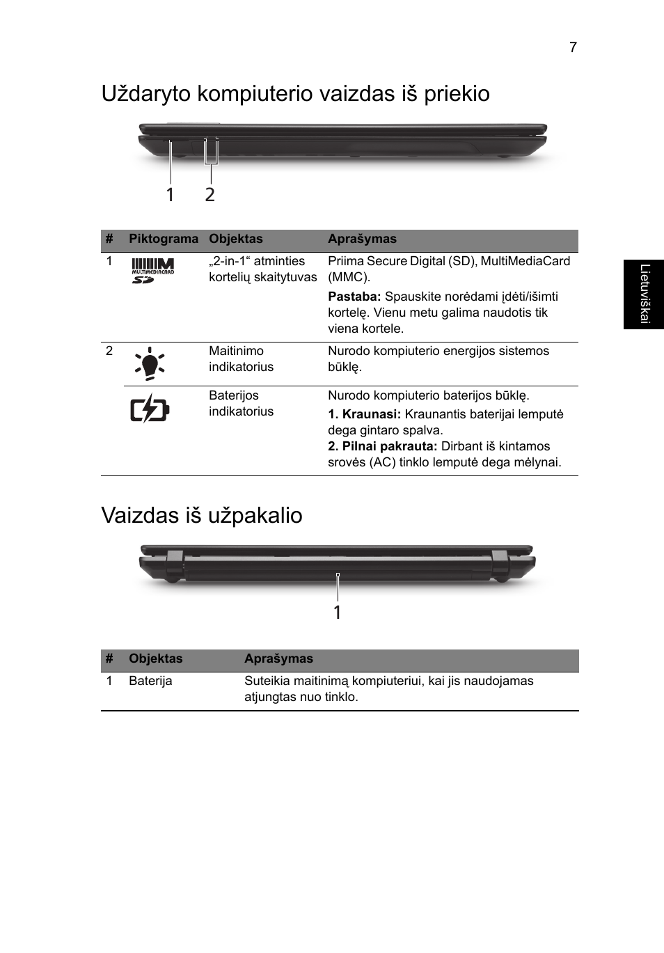 Uždaryto kompiuterio vaizdas iš priekio, Vaizdas iš užpakalio | Acer TravelMate 5335 User Manual | Page 231 / 313