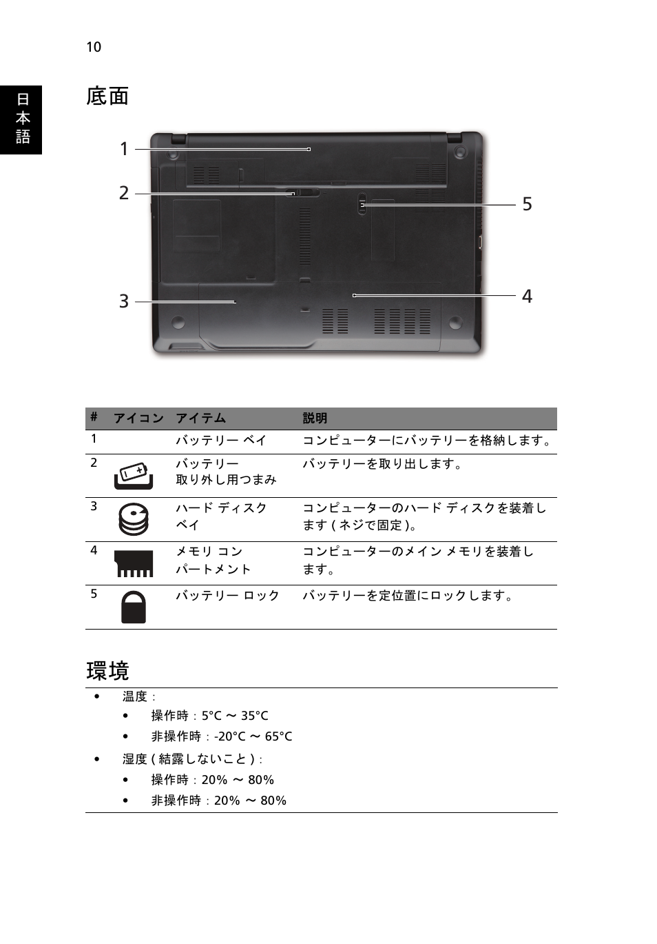 底面 環境 | Acer TravelMate 5335 User Manual | Page 264 / 313