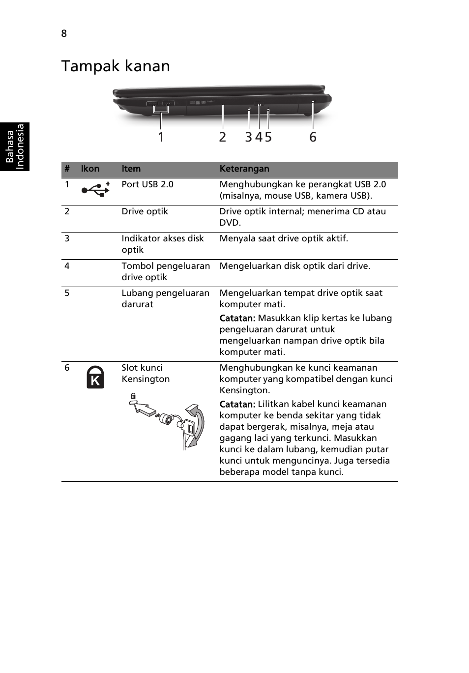 Tampak kanan | Acer TravelMate 5335 User Manual | Page 302 / 313