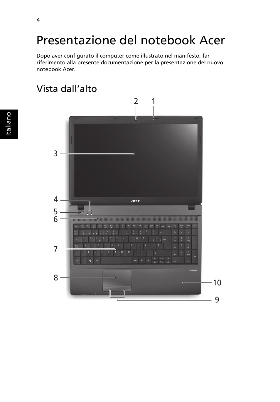 Presentazione del notebook acer, Vista dall’alto | Acer TravelMate 5335 User Manual | Page 36 / 313