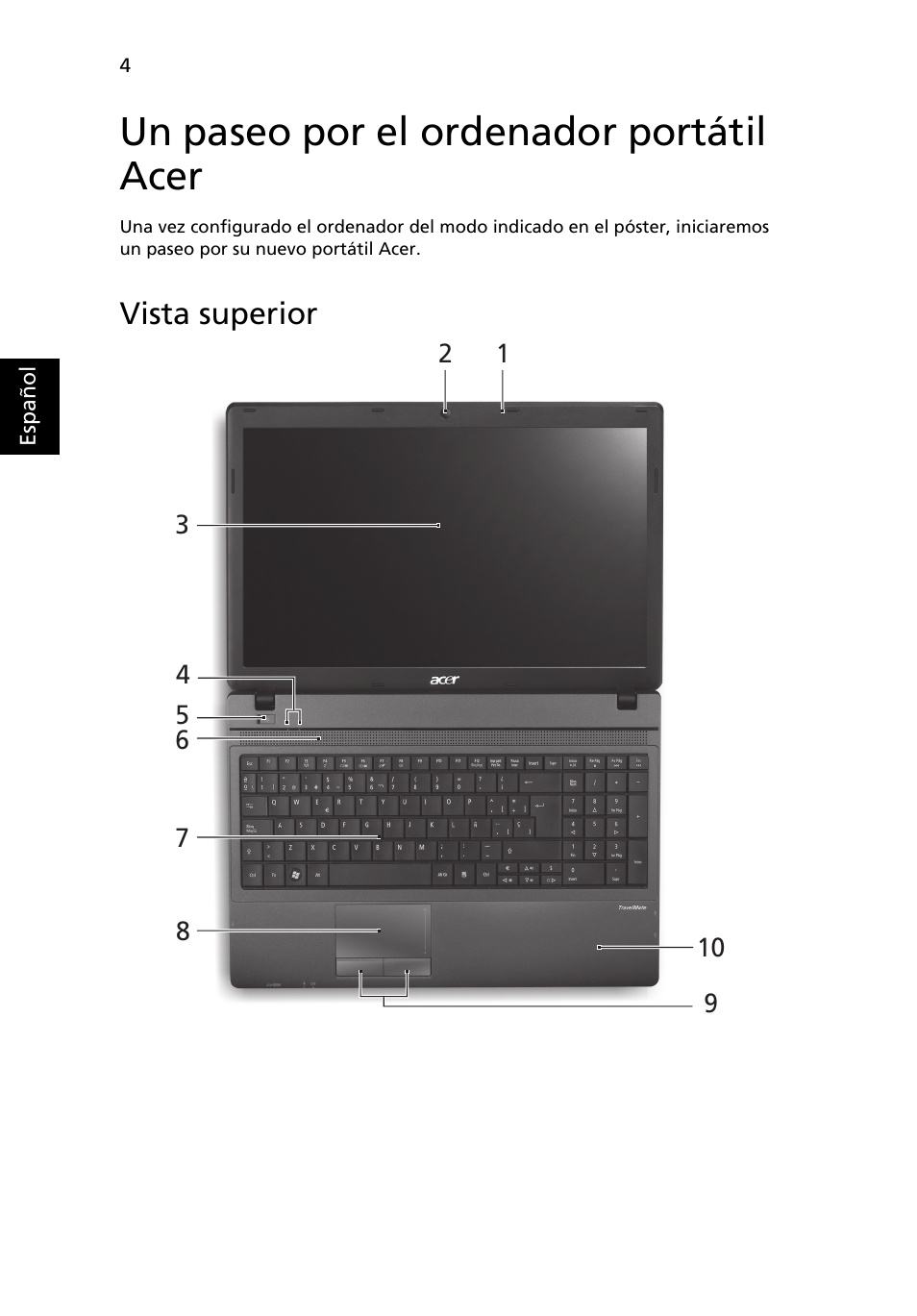 Un paseo por el ordenador portátil acer, Vista superior | Acer TravelMate 5335 User Manual | Page 46 / 313