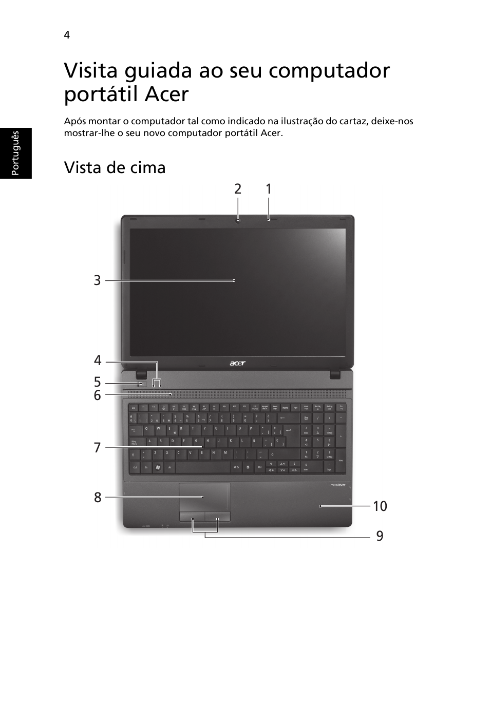 Visita guiada ao seu computador portátil acer, Vista de cima | Acer TravelMate 5335 User Manual | Page 58 / 313