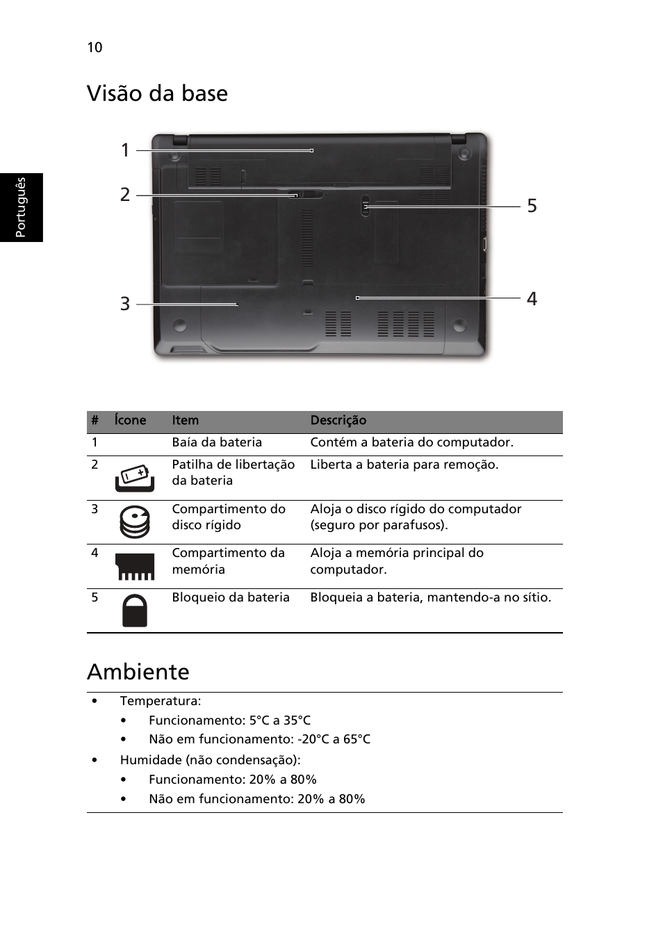 Visão da base, Ambiente, Visão da base ambiente | Acer TravelMate 5335 User Manual | Page 64 / 313