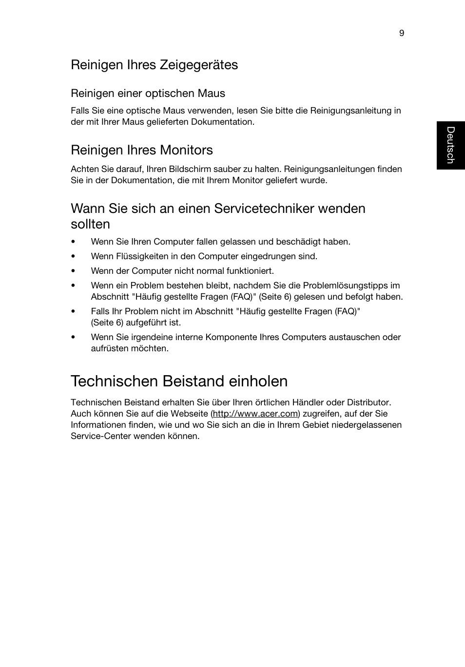 Technischen beistand einholen, Reinigen ihres zeigegerätes, Reinigen ihres monitors | Acer Aspire T3-600 User Manual | Page 103 / 764