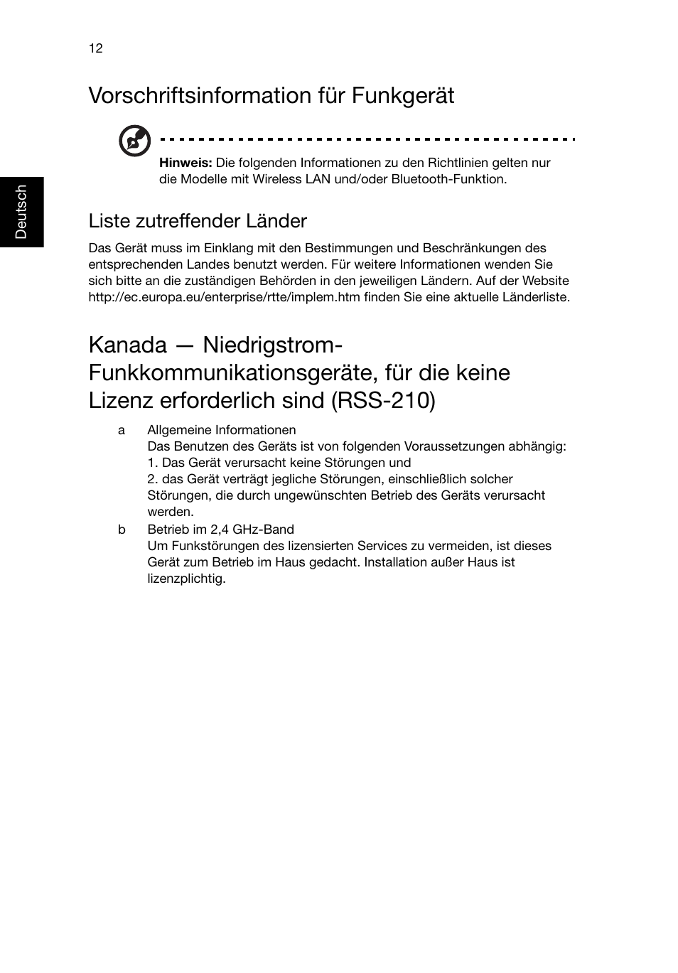 Vorschriftsinformation für funkgerät, Liste zutreffender länder | Acer Aspire T3-600 User Manual | Page 106 / 764