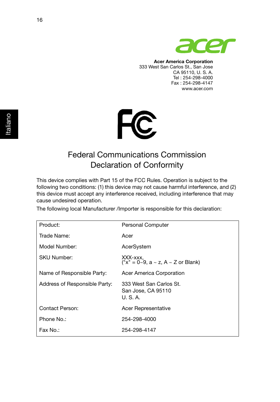 Federal communications commission, Italiano | Acer Aspire T3-600 User Manual | Page 136 / 764