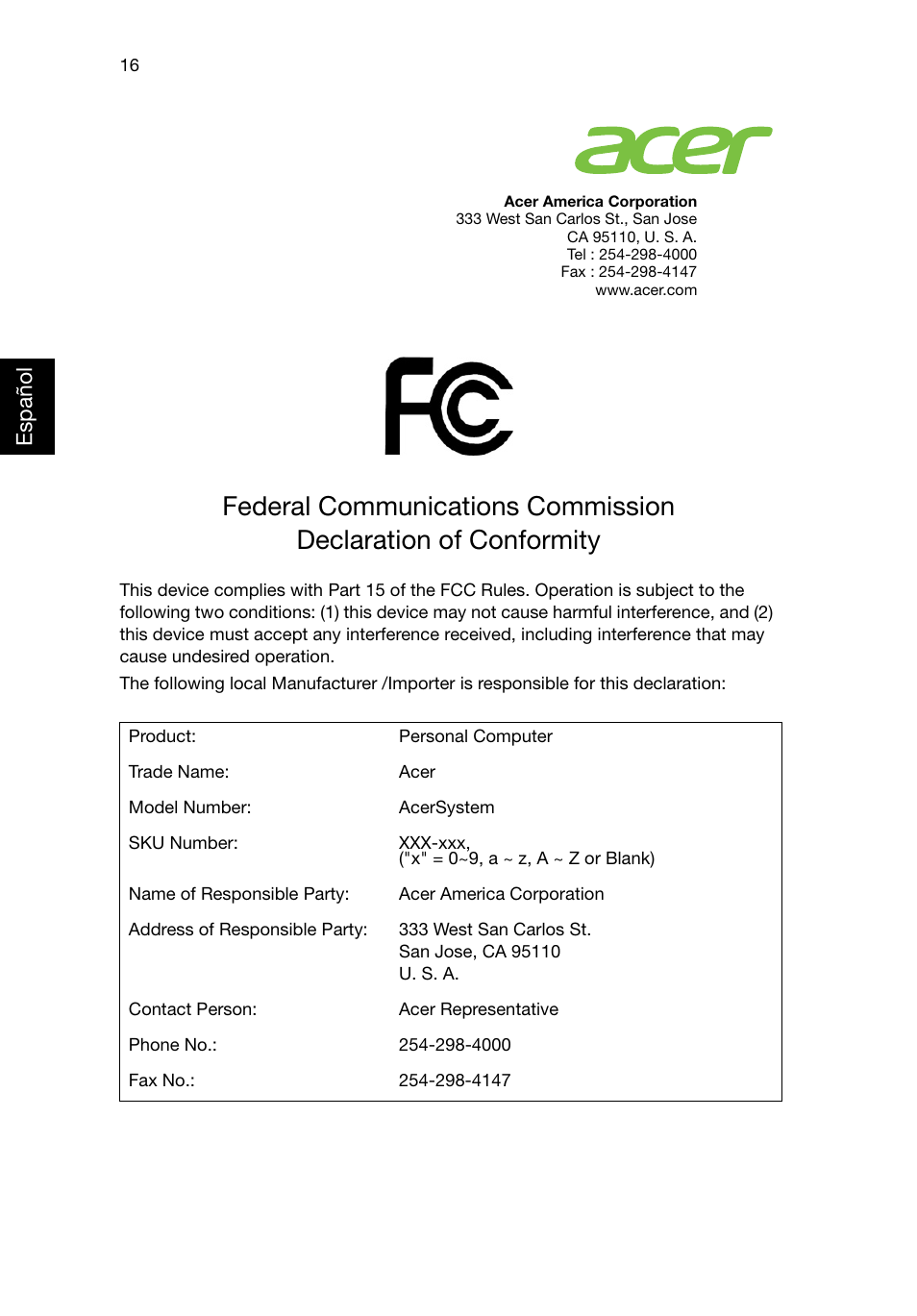 Federal communications commission | Acer Aspire T3-600 User Manual | Page 164 / 764