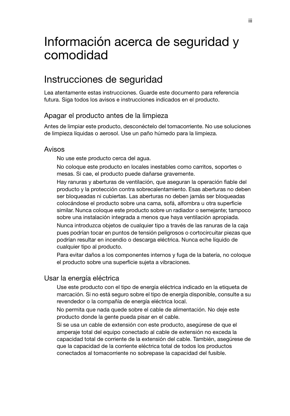 Información acerca de seguridad y comodidad, Instrucciones de seguridad | Acer Aspire T3-600 User Manual | Page 169 / 764