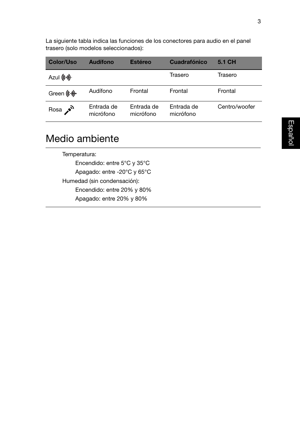 Medio ambiente | Acer Aspire T3-600 User Manual | Page 179 / 764