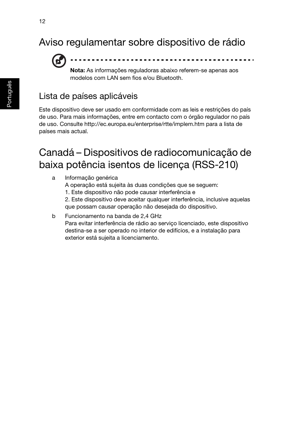 Aviso regulamentar sobre dispositivo de rádio, Lista de países aplicáveis | Acer Aspire T3-600 User Manual | Page 216 / 764
