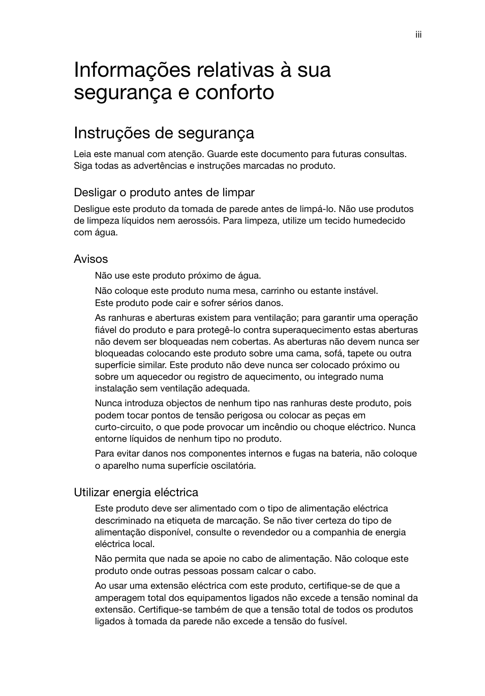 Informações relativas à sua segurança e conforto, Instruções de segurança | Acer Aspire T3-600 User Manual | Page 223 / 764