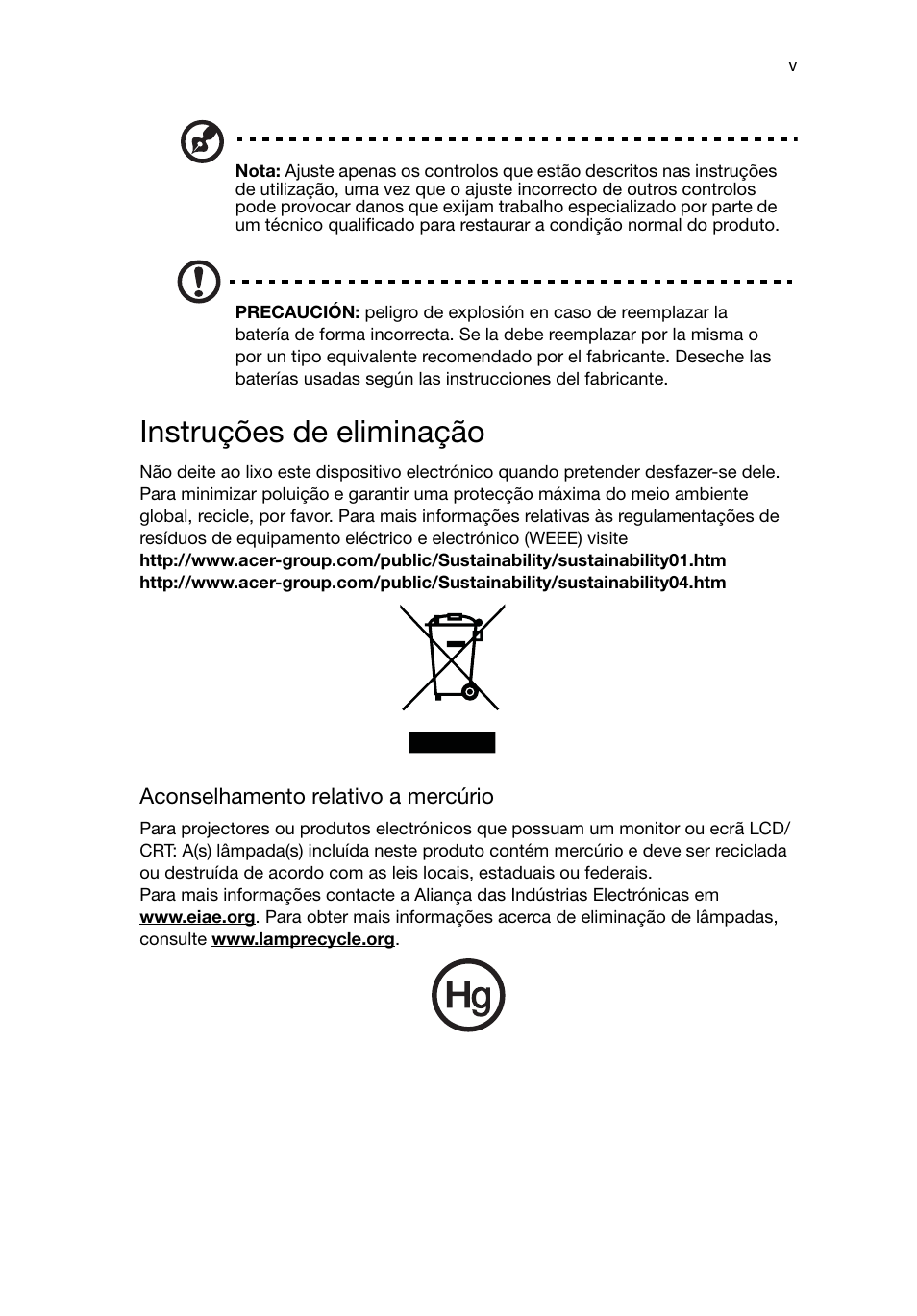 Instruções de eliminação | Acer Aspire T3-600 User Manual | Page 225 / 764