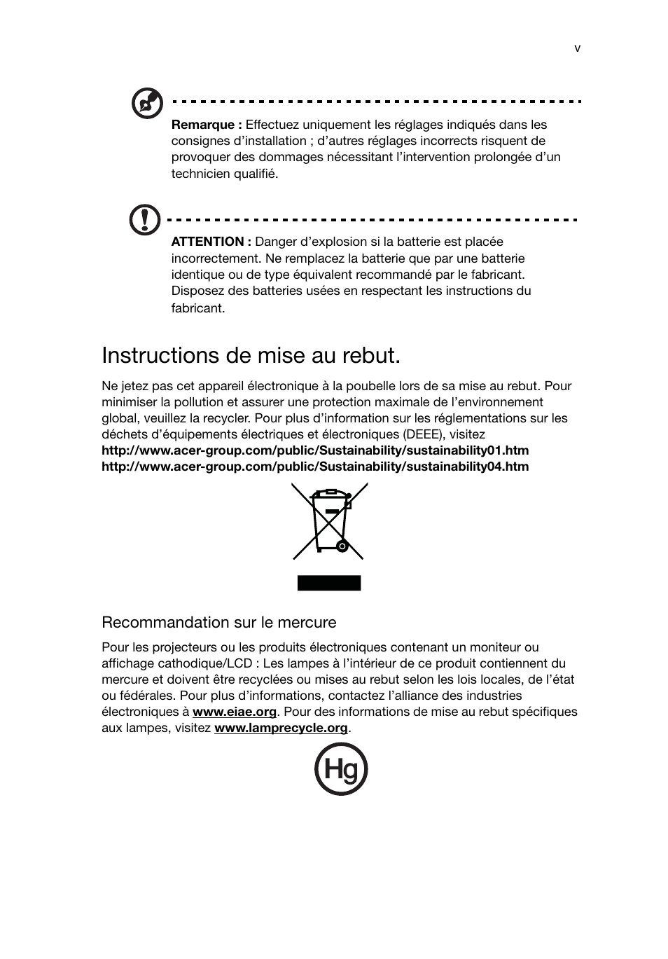 Instructions de mise au rebut | Acer Aspire T3-600 User Manual | Page 35 / 764