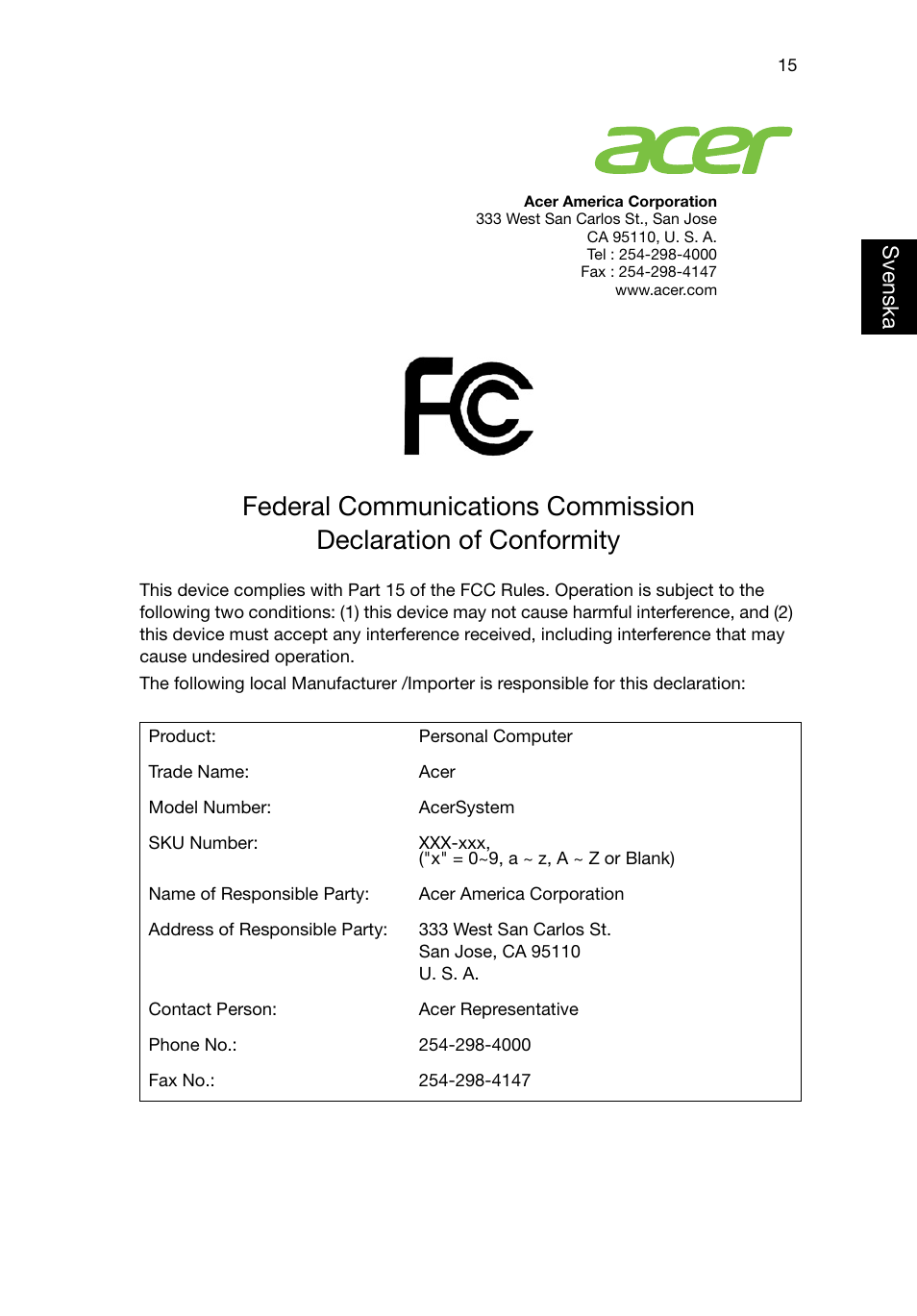 Federal communications commission, Sv ensk a | Acer Aspire T3-600 User Manual | Page 351 / 764