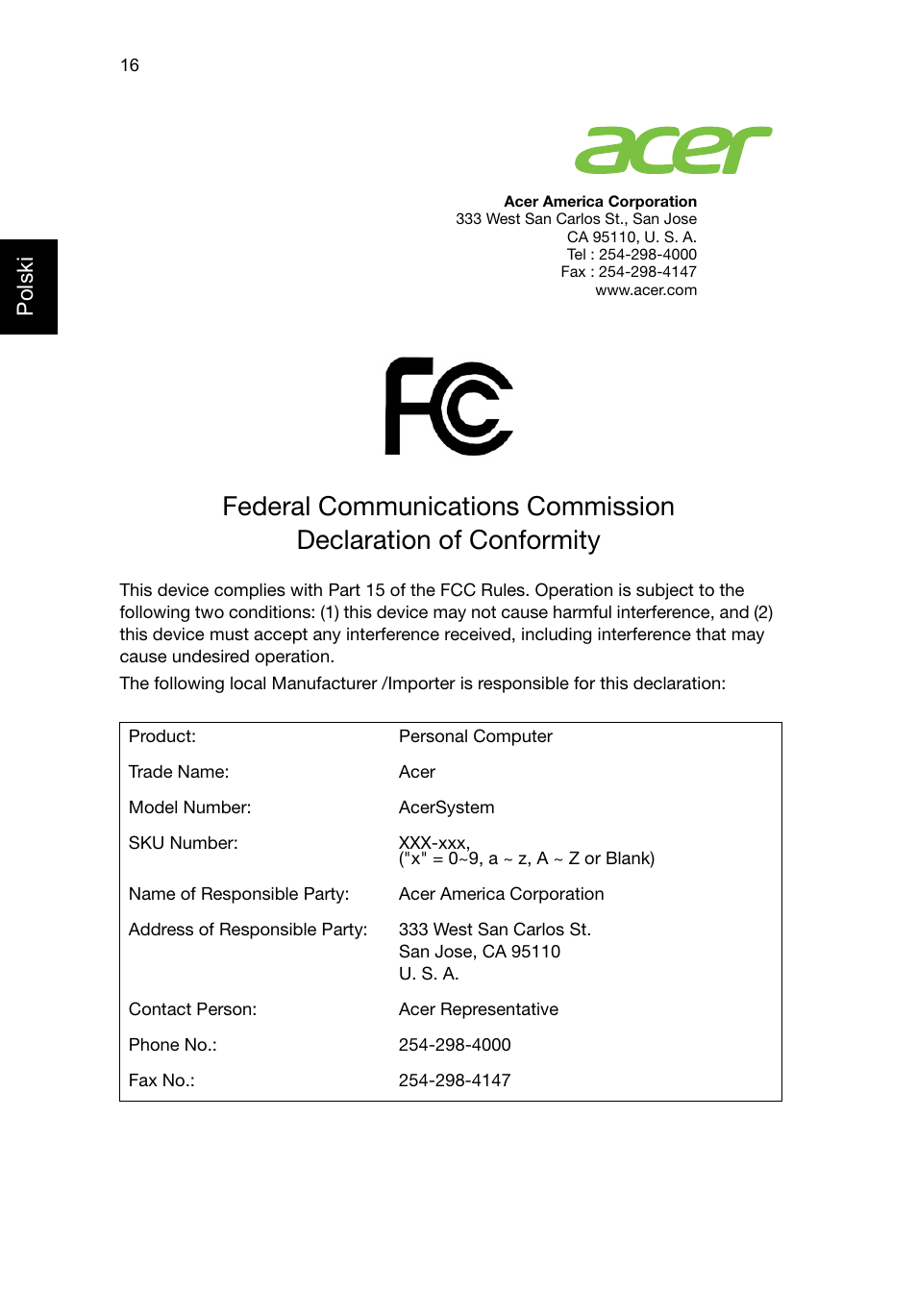 Federal communications commission, Polski | Acer Aspire T3-600 User Manual | Page 434 / 764