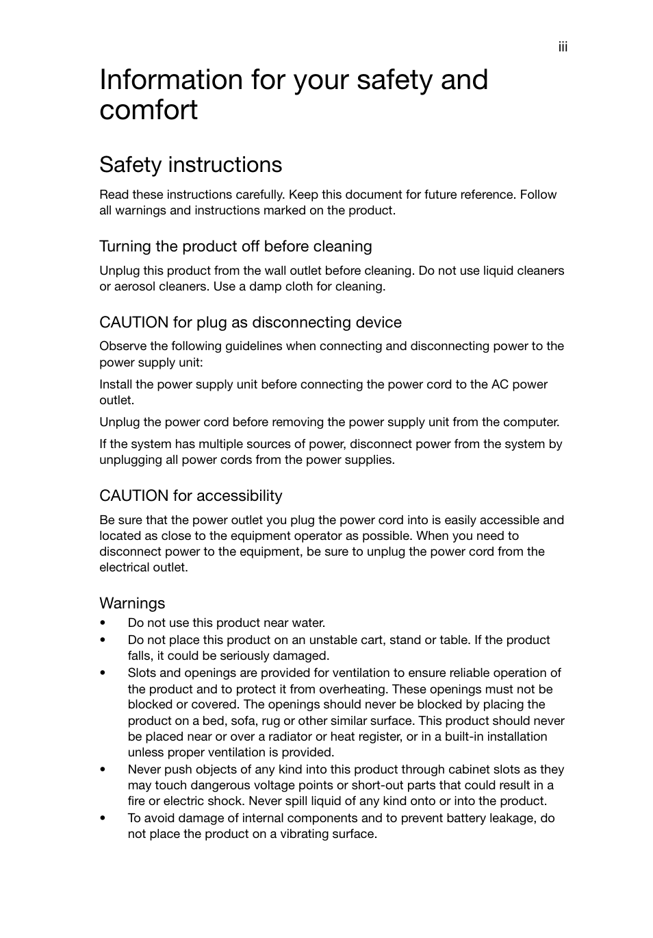 Information for your safety and comfort, Safety instructions | Acer Aspire T3-600 User Manual | Page 5 / 764