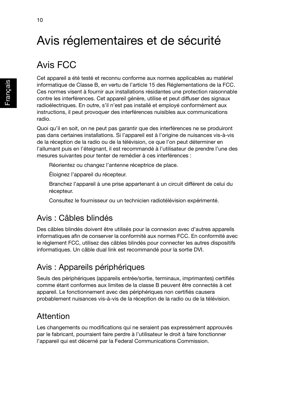 Avis réglementaires et de sécurité, Avis fcc, Avis : câbles blindés | Avis : appareils périphériques, Attention | Acer Aspire T3-600 User Manual | Page 50 / 764