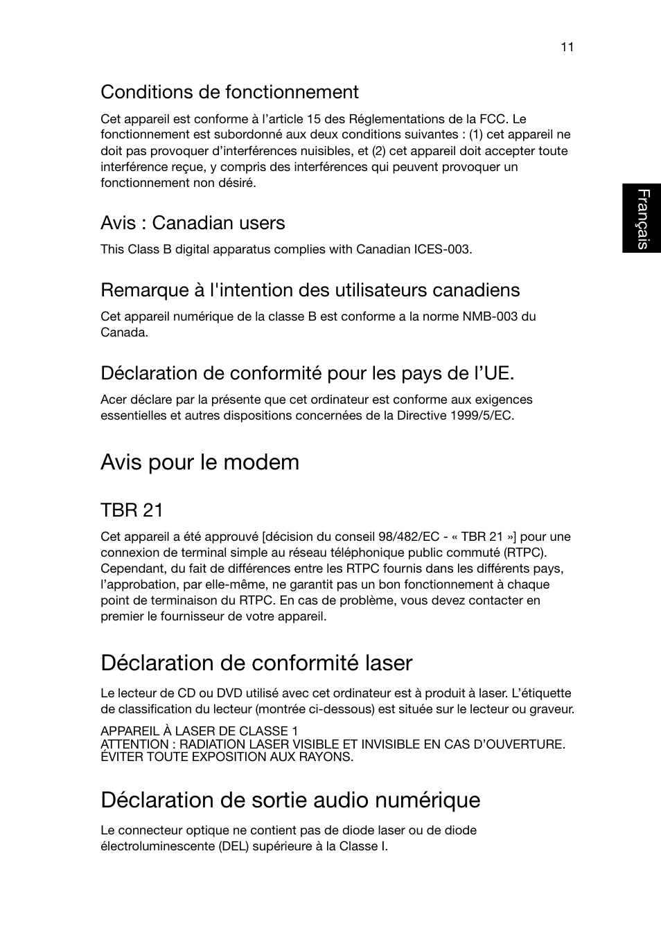 Avis pour le modem, Déclaration de conformité laser, Déclaration de sortie audio numérique | Conditions de fonctionnement, Avis : canadian users, Remarque à l'intention des utilisateurs canadiens, Déclaration de conformité pour les pays de l’ue, Tbr 21 | Acer Aspire T3-600 User Manual | Page 51 / 764