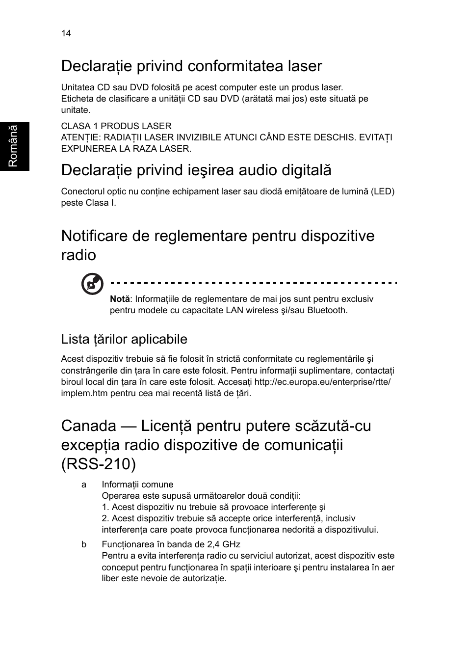 Declaraţie privind conformitatea laser, Declaraţie privind ieşirea audio digitală, Lista ţărilor aplicabile | Acer Aspire T3-600 User Manual | Page 512 / 764