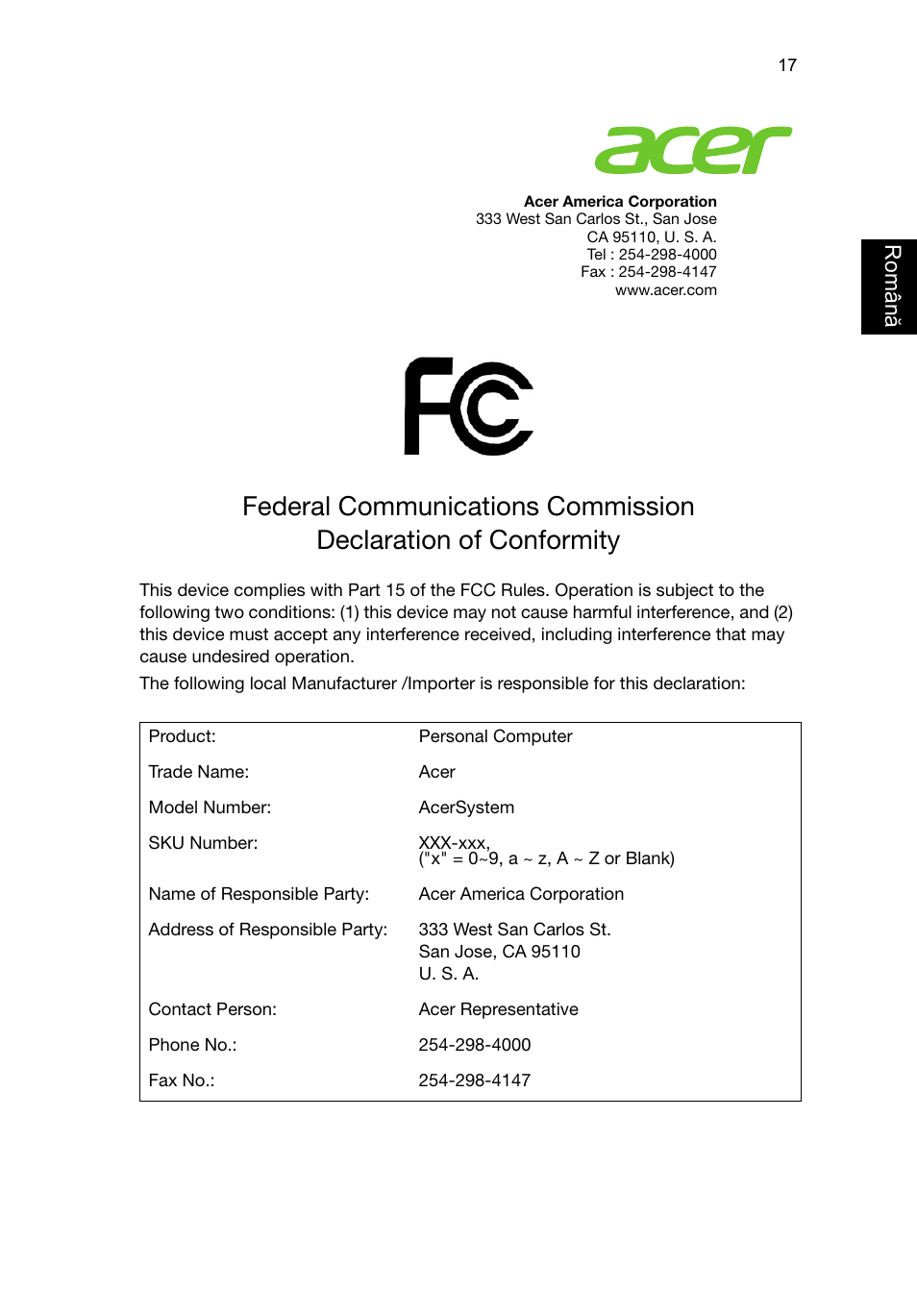 Federal communications commission, Român ă | Acer Aspire T3-600 User Manual | Page 515 / 764