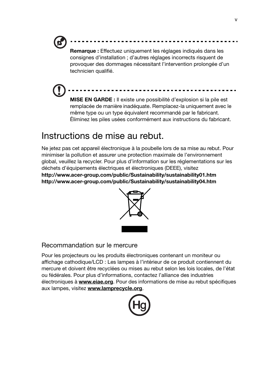 Instructions de mise au rebut | Acer Aspire T3-600 User Manual | Page 61 / 764