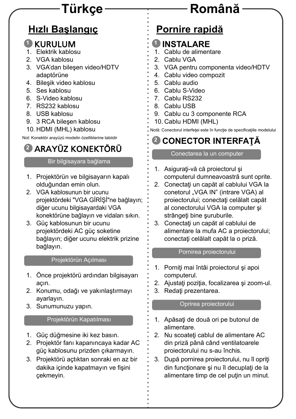 Hæzlæ ba langæç, Kurulum, Arayüz konektörü | Pornire rapidã, Instalare, Conector interfa×ã, Türkçe română, Hızlı başlangıç, Pornire rapidă, Conector interfaţă | Acer X1273 User Manual | Page 10 / 17