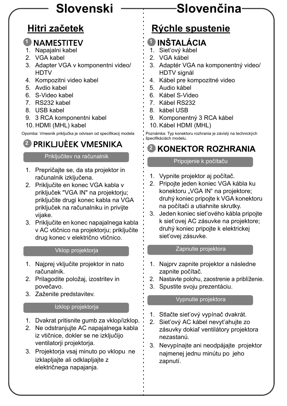 Hitri zaèetek, Namestitev, Prikljuèek vmesnika | Ræchle spustenie, In³talácia, Konektor rozhrania, Slovenski slovenčina, Hitri začetek, Rýchle spustenie, Inštalácia | Acer X1273 User Manual | Page 11 / 17