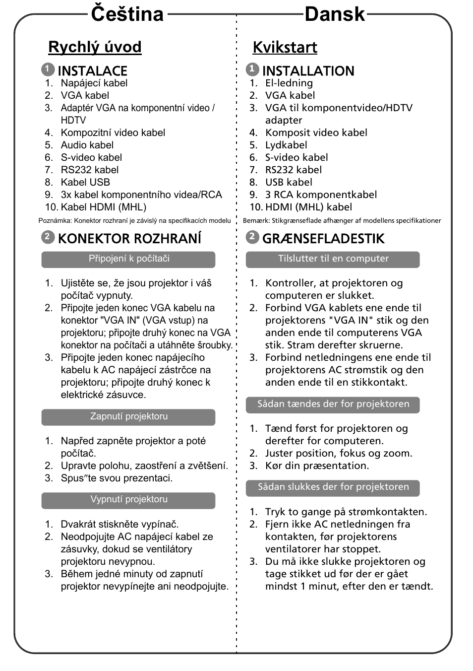 Rychlæ úvod, Instalace, Konektor rozhraní | Kvikstart, Installation, Grænsefladestik, Čeština dansk, Rychlý úvod | Acer X1273 User Manual | Page 3 / 17