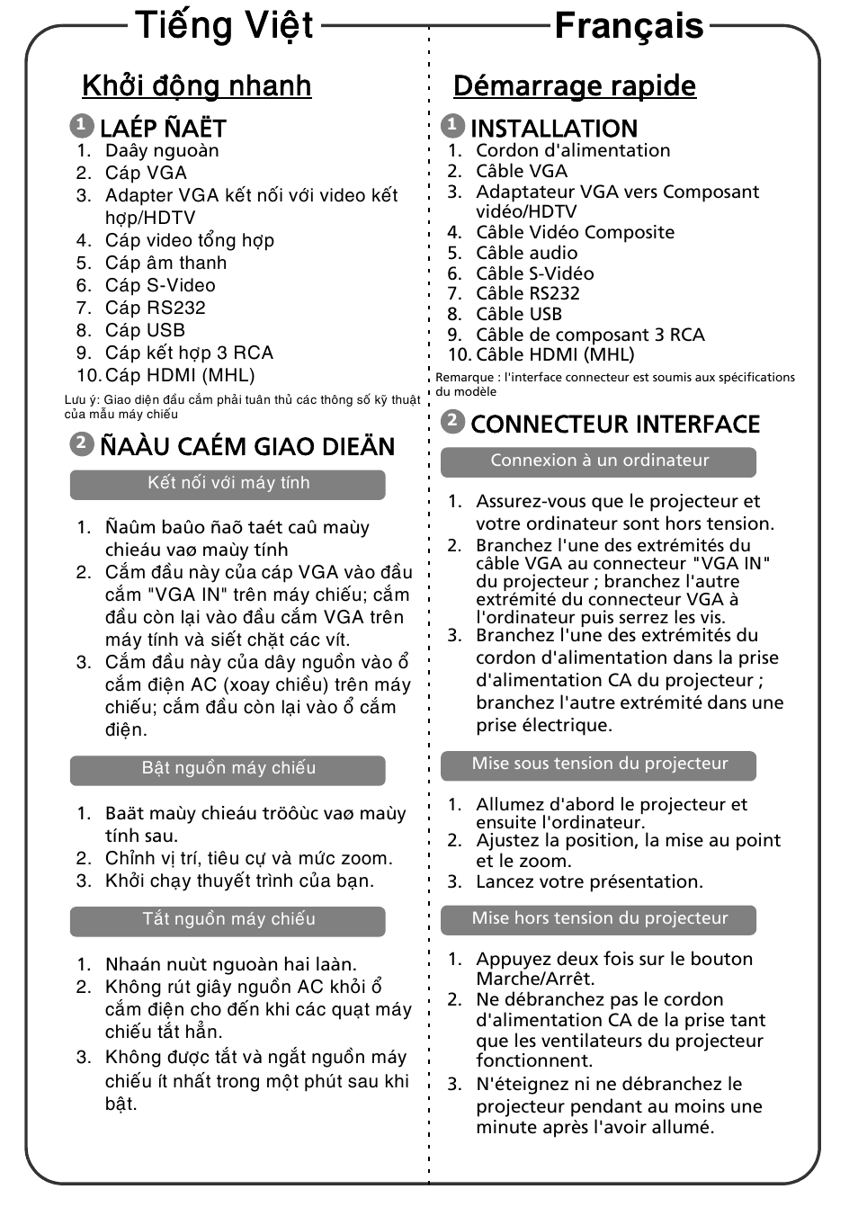 Khôûi ñoäng nhanh, Laép ñaët, Ñaàu caém giao dieän | Démarrage rapide, Installation, Connecteur interface, Français tieáng vieät | Acer X1273 User Manual | Page 5 / 17