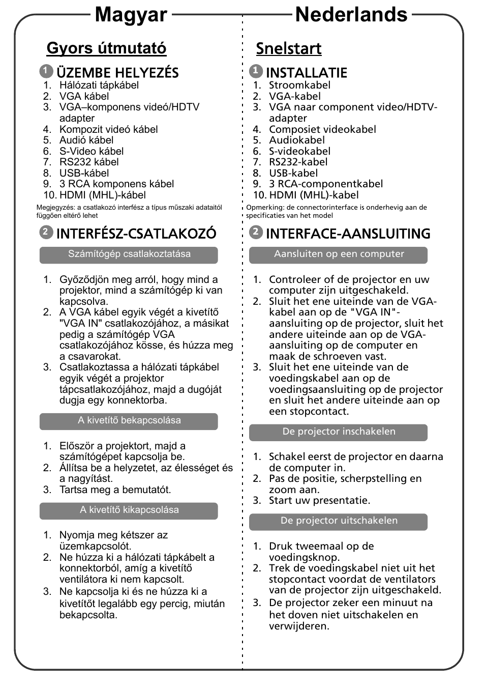 Gyors útmutató, Üzembe helyezés, Interfész-csatlakozó | Snelstart, Installatie, Interface-aansluiting, Magyar nederlands | Acer X1273 User Manual | Page 7 / 17