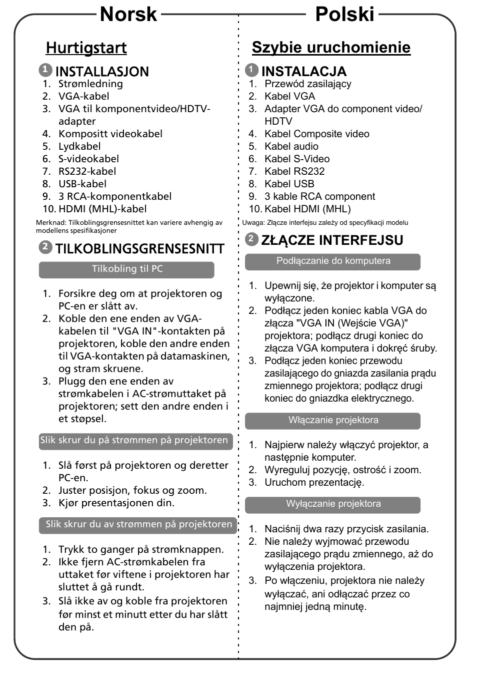 Hurtigstart, Installasjon, Tilkoblingsgrensesnitt | Szybie uruchomienie, Instalacja, Z£¥cze interfejsu, Norsk polski, Złącze interfejsu | Acer X1273 User Manual | Page 8 / 17