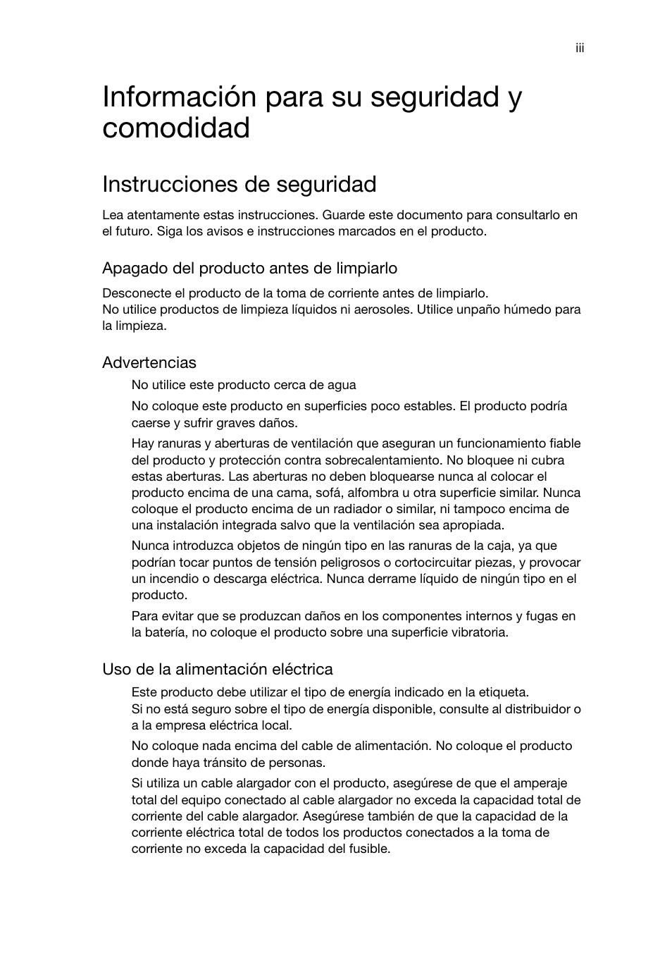 Información para su seguridad y comodidad, Instrucciones de seguridad | Acer Veriton E430_45 User Manual | Page 139 / 752