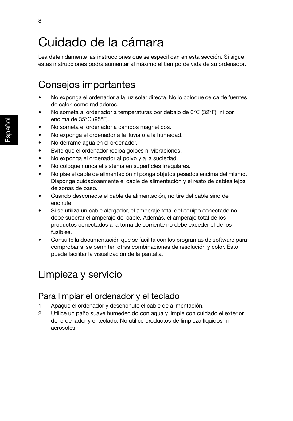 Cuidado de la cámara, Consejos importantes, Limpieza y servicio | Para limpiar el ordenador y el teclado | Acer Veriton E430_45 User Manual | Page 154 / 752