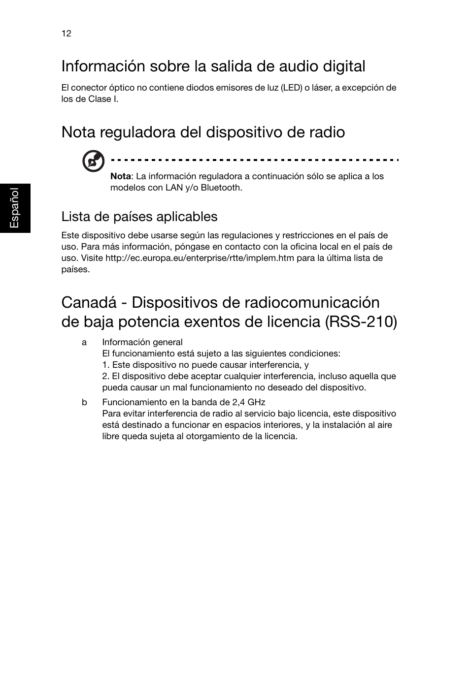 Información sobre la salida de audio digital, Nota reguladora del dispositivo de radio, Lista de países aplicables | Acer Veriton E430_45 User Manual | Page 184 / 752