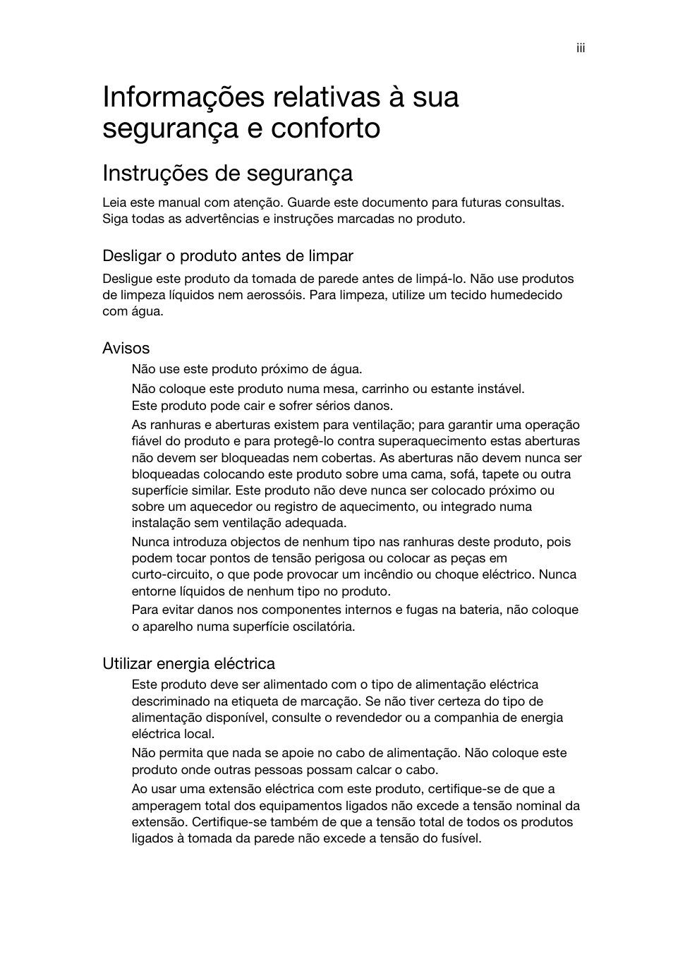 Informações relativas à sua segurança e conforto, Instruções de segurança | Acer Veriton E430_45 User Manual | Page 191 / 752