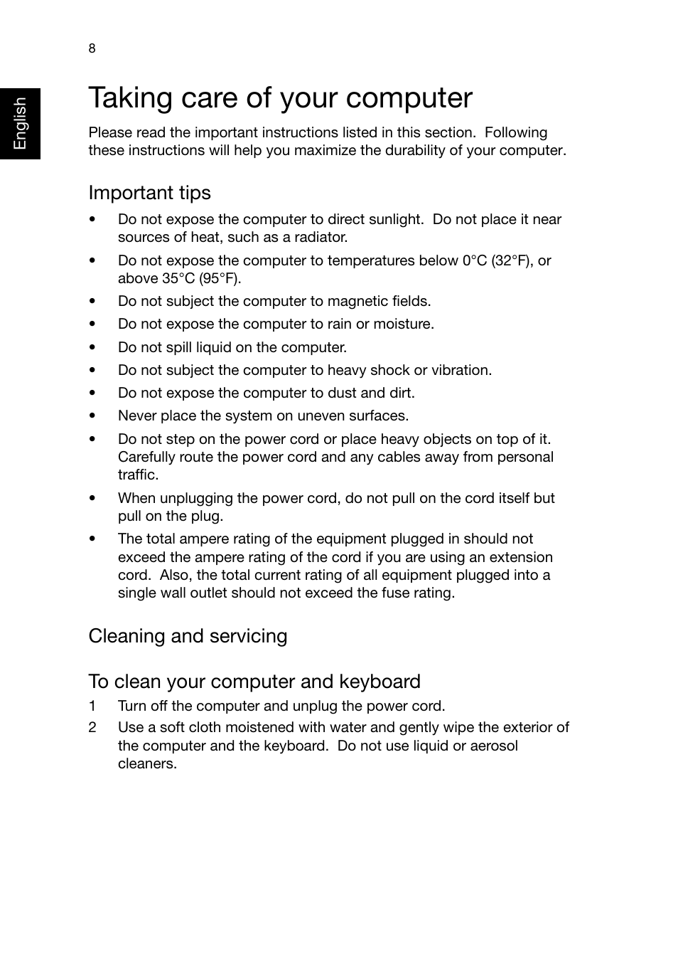 Taking care of your computer, Important tips, Cleaning and servicing | To clean your computer and keyboard | Acer Veriton E430_45 User Manual | Page 20 / 752