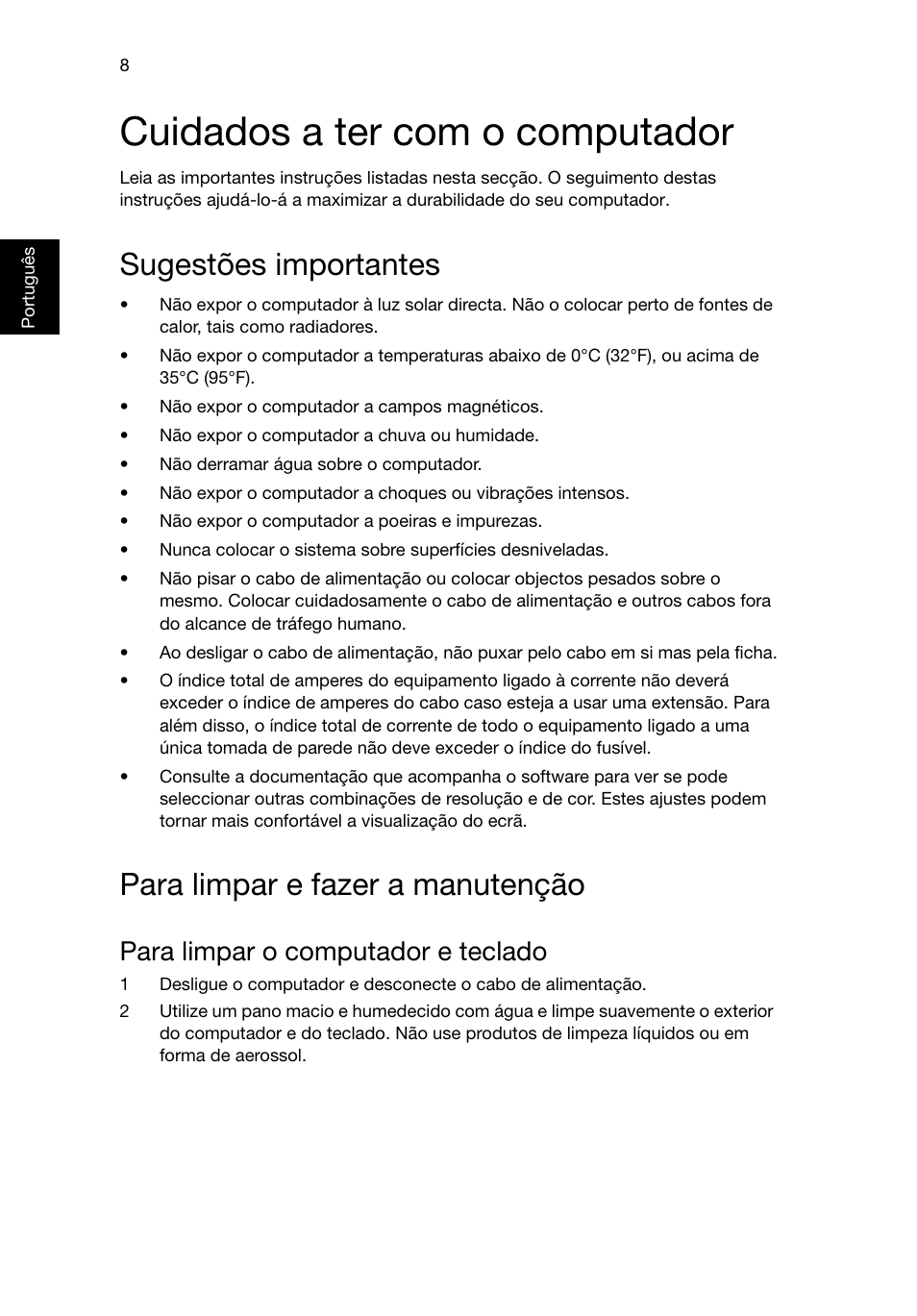 Cuidados a ter com o computador, Sugestões importantes, Para limpar e fazer a manutenção | Para limpar o computador e teclado | Acer Veriton E430_45 User Manual | Page 206 / 752